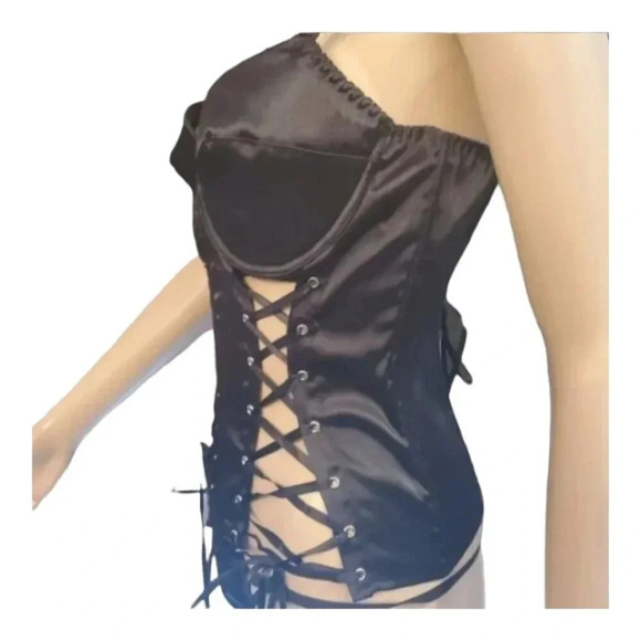 Black Double Peekaboo Corset with Garter Clips and PantyLace Up high end fashion - Picture 3 of 8